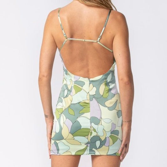 The Wild Clover Women's Floral Slip Mini Dress - Pastel Green Backless Summer Dress