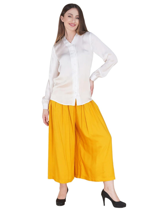Women's 2-Piece Co-ord Set - White Button-Down Blouse and Mustard Yellow Palazzo Pants