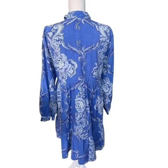 Ro's Garden Women's Blue Floral Long Sleeve Button Down Tiered Dress
