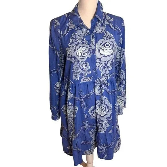 Ro's Garden Women's Blue Floral Long Sleeve Button Down Tiered Dress