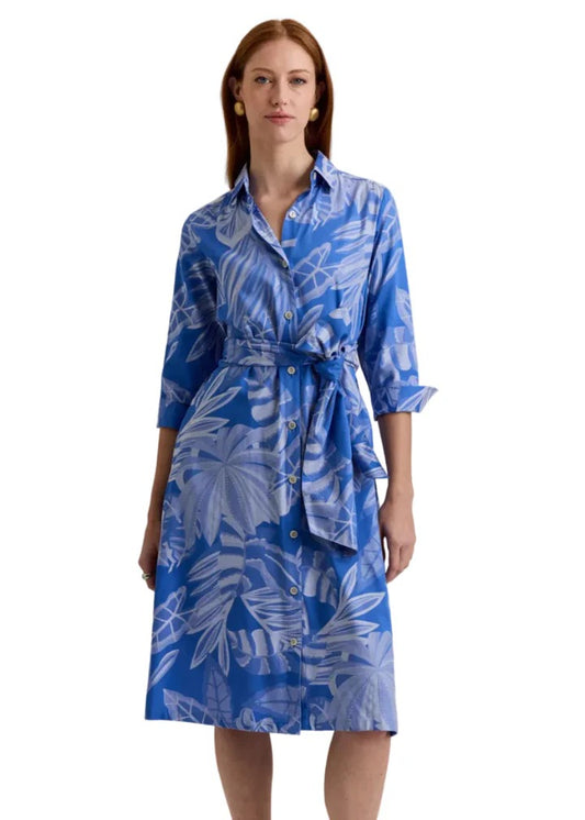 Women's Blue Tropical Leaf Print Midi Shirt Dress with Waist Tie