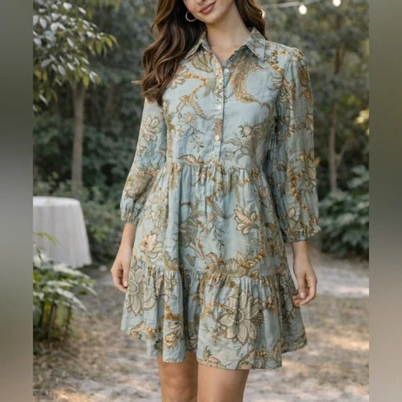 Women's Boho Floral Button Down Mini Dress - Vintage Botanical Flowy Dress
