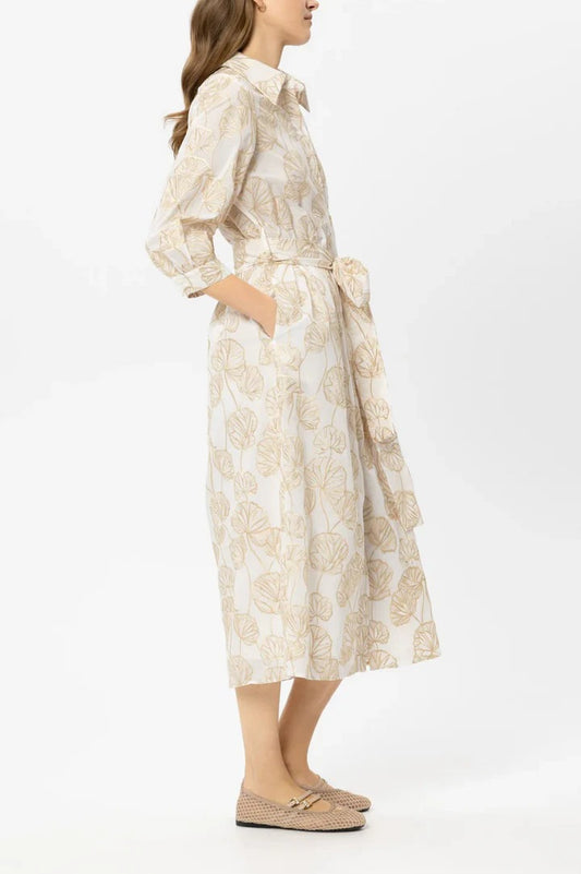 Women's Gold Leaf Print Midi Shirt Dress with Pockets and Belt