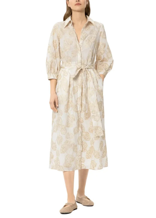 Women's Gold Leaf Print Midi Shirt Dress with Pockets and Belt