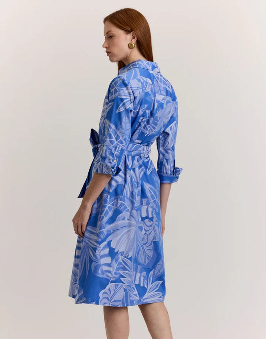 Women's Blue Tropical Leaf Print Midi Shirt Dress with Waist Tie